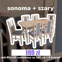 Nowe : Stół 80x140/180 + 6 krzeseł, sonoma + szary, dostawa cała PL