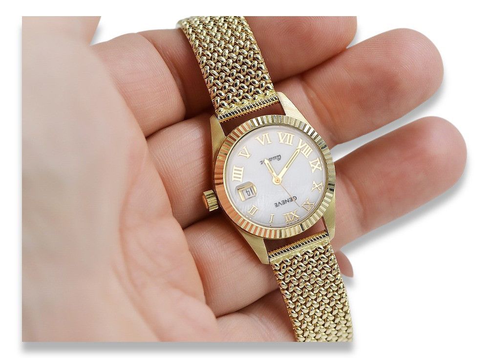 Złoty zegarek damski 14k Geneve z perłową tarczą lw020ydpr&lbw003y W