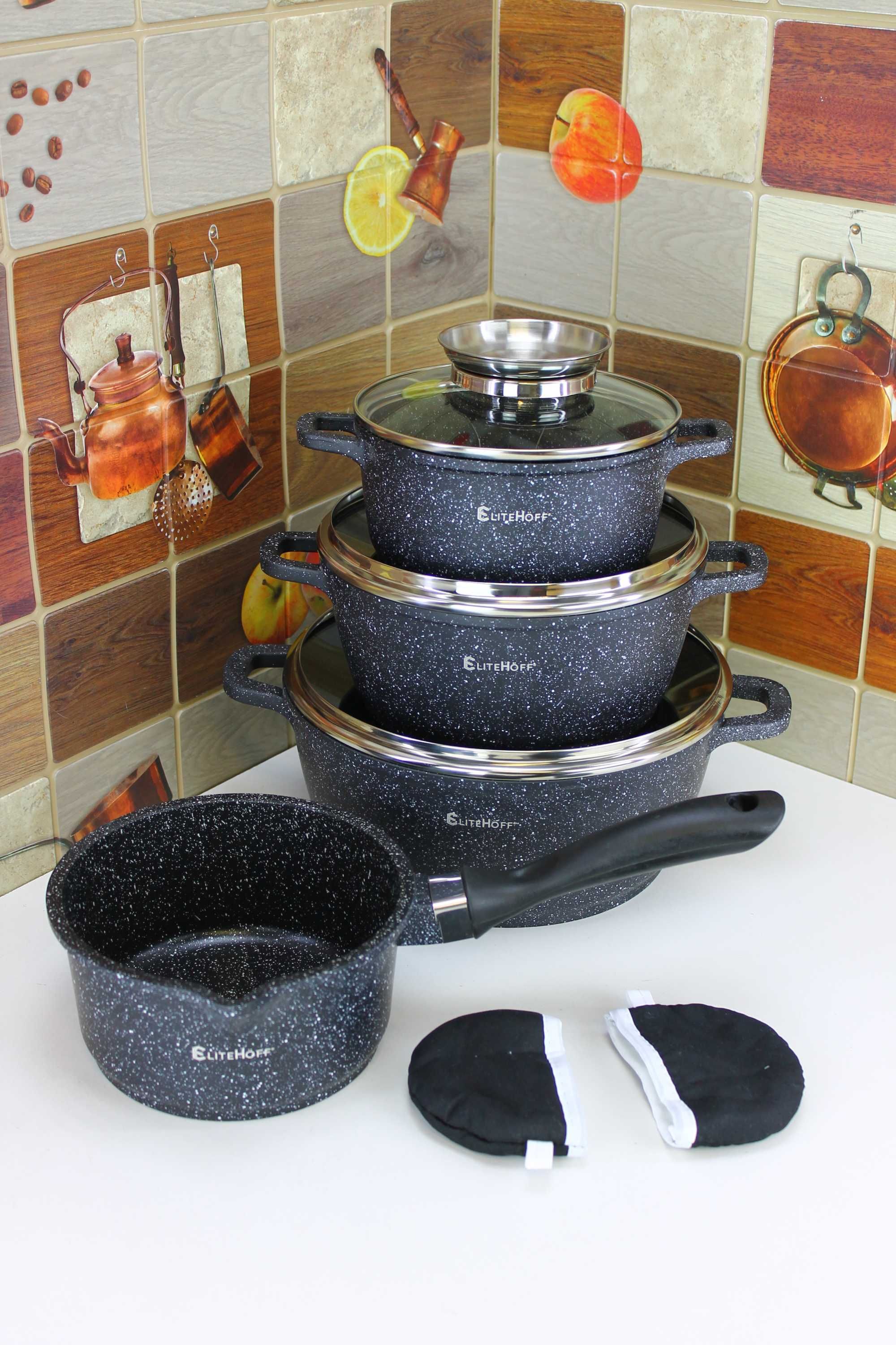 Solidne Garnki. Komplet czarnych Marmurowych Garnków Elitehoff 7058