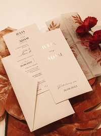 Zaproszenie ślubne DL z kalką i złotymi literami, kwiaty
