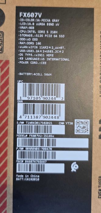 Laptop ASUS Gaming F16 FX607V Core 5 210H 16GB/512GB SSD RTX4050 Win11