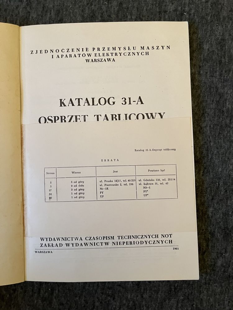 Osprzęt tablicowy. Katalog 31-a. 1965r.