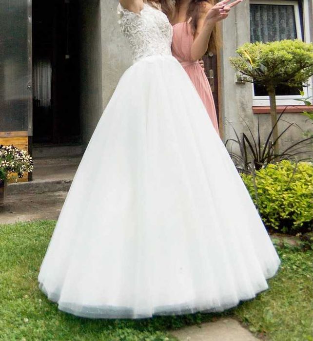 Suknia ślubna tiulowa brokatowa biała koronkowa