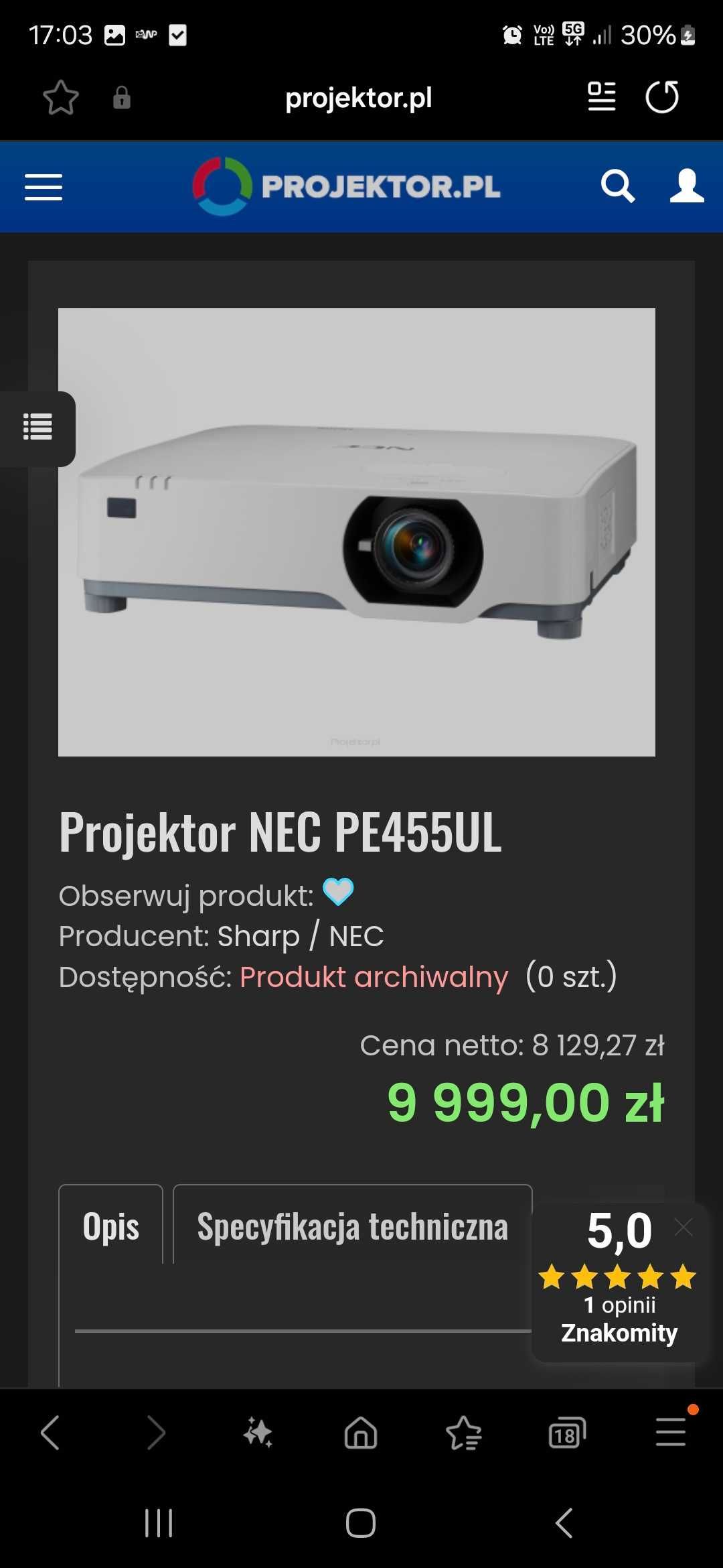 Projektor Laserowy NEC PE455UL