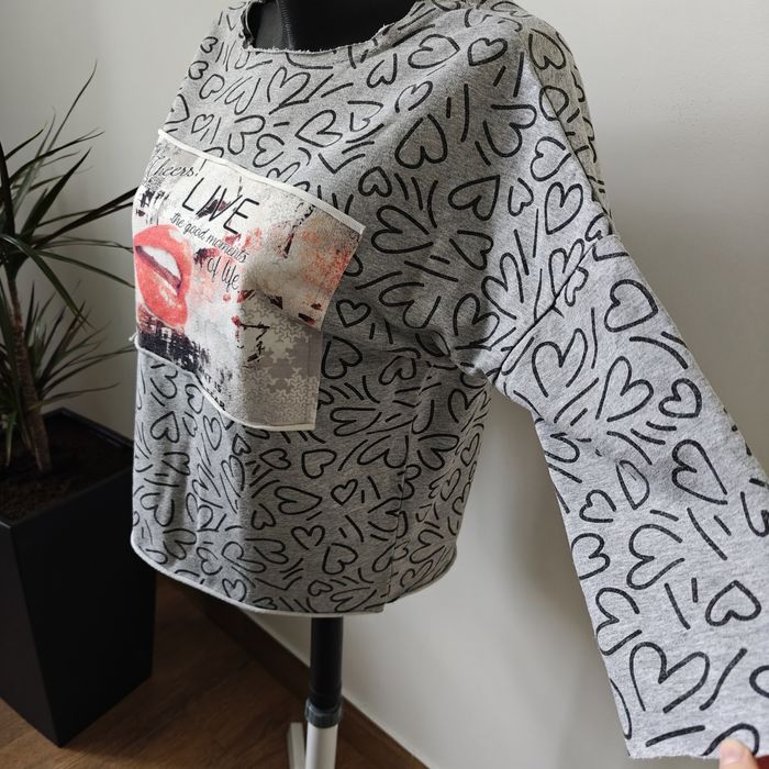 Bluzka koszulka rękawem 3/4 serca oversize luźna XS S bawełna