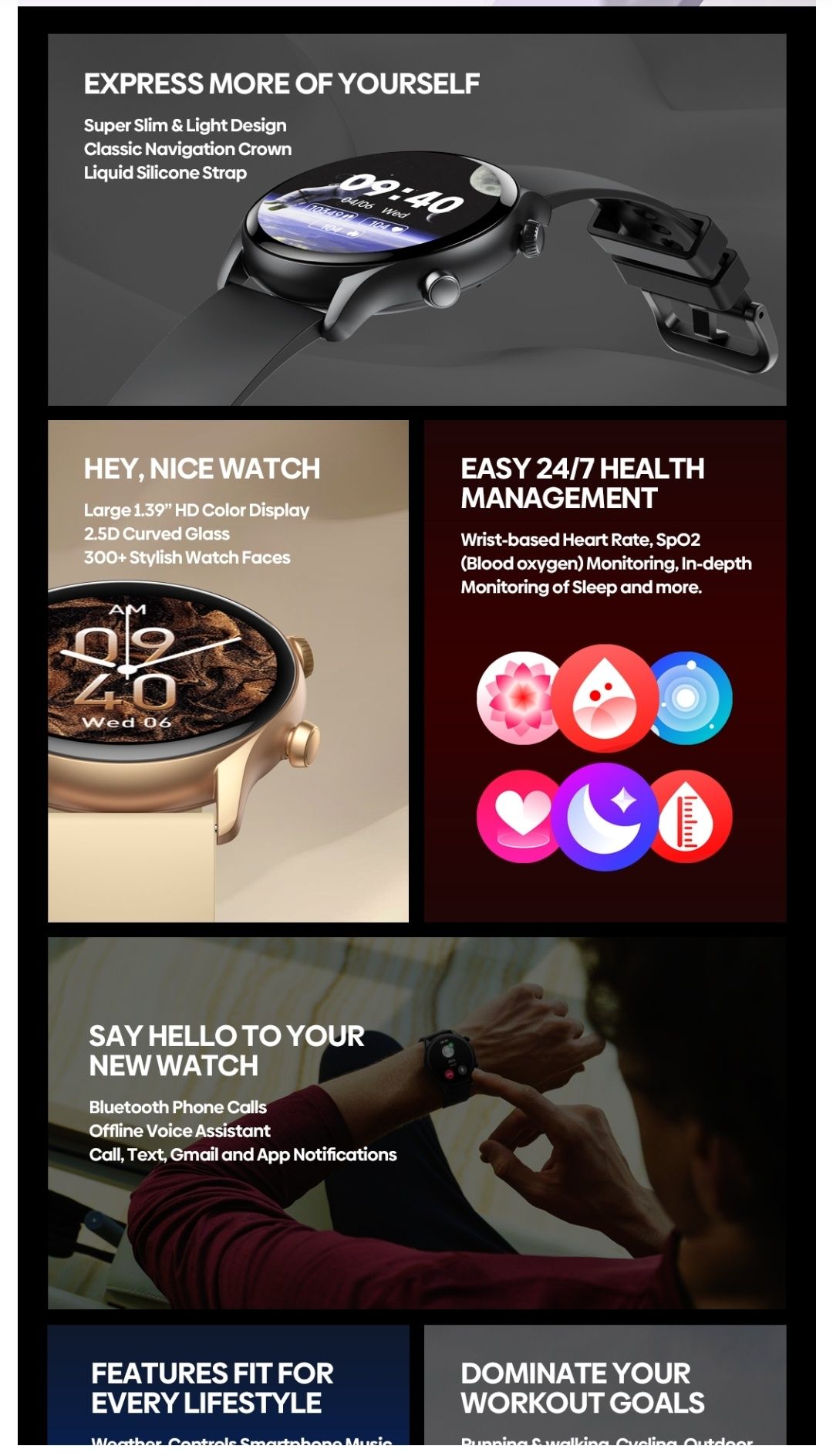 Smartwatch Zeblaze com grande tela colorida HD de 1,39 polegadas, cham