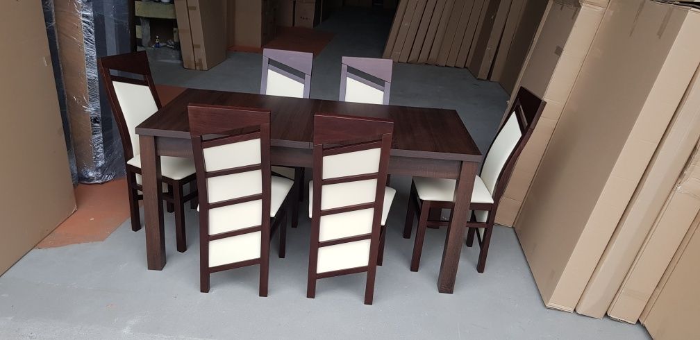 Nowe: Stół 80x160/200 + 6 krzeseł SKOS, orzech i biały, dostawa PL