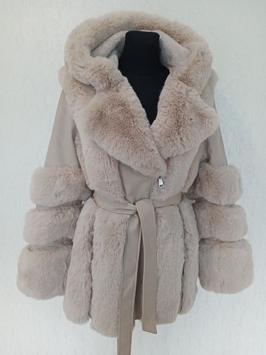 Куртка-шубка еко-шкіра, хутро, бежева