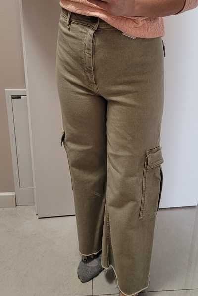 Khaki spodnie dżinsowe cargo / dżinsy z wysokim stanem, Zara 40 (L)