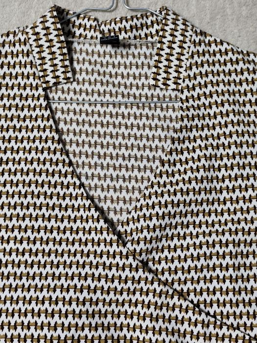 Bluzka damska pepitka brąz biały kopertowy dekolt dł rękaw M