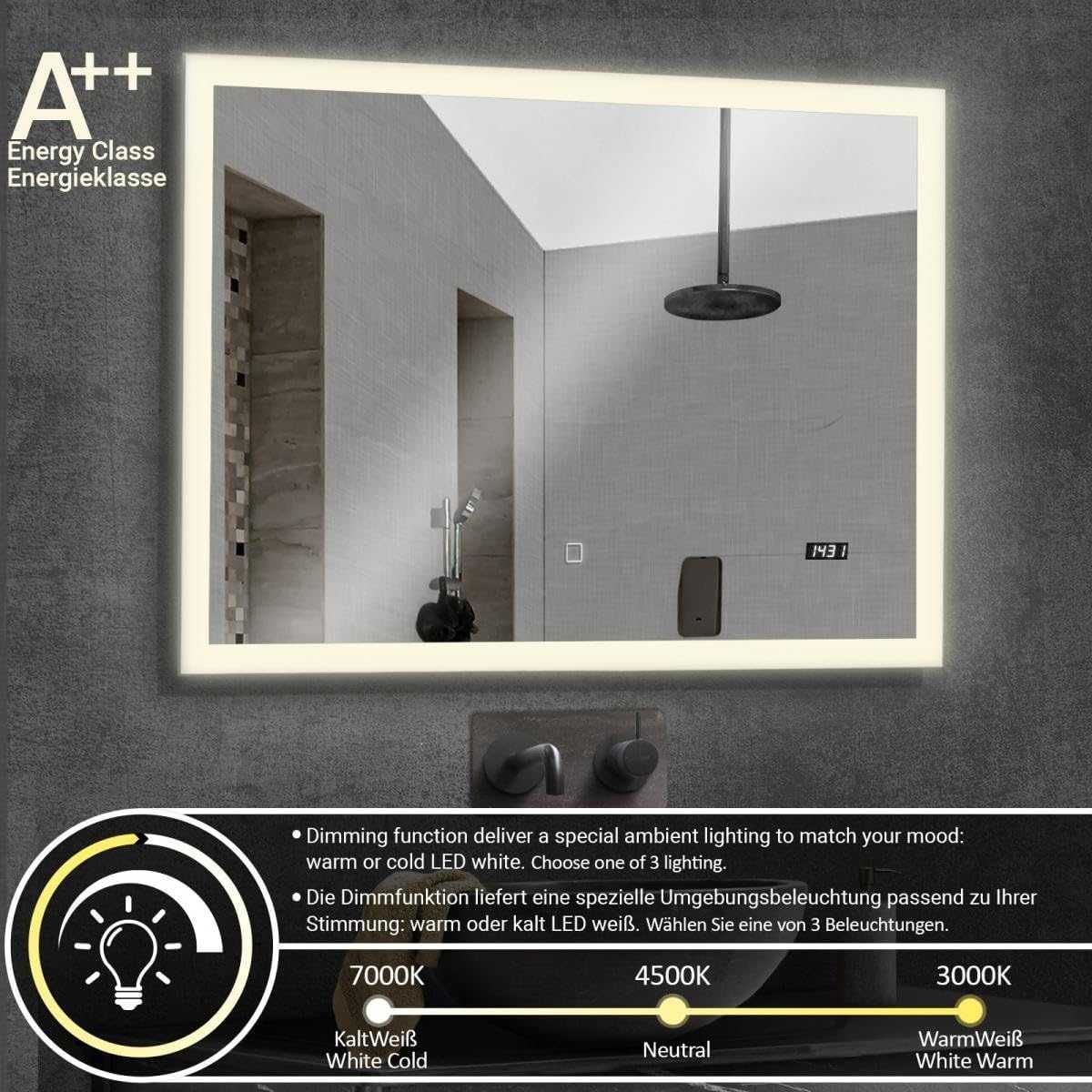 Aquamarin Lustro łazienkowe z oświetleniem LED,  A++ 80x60