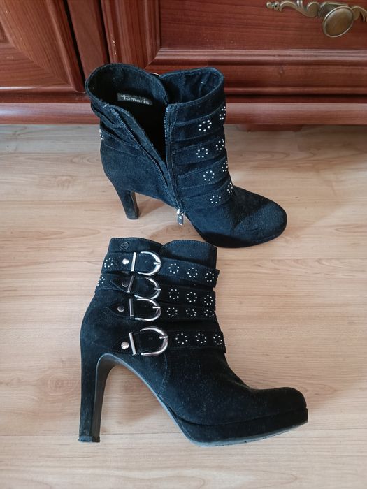 Botki zamszowe damskie czarne Tamaris mapy srebrne rozm 37