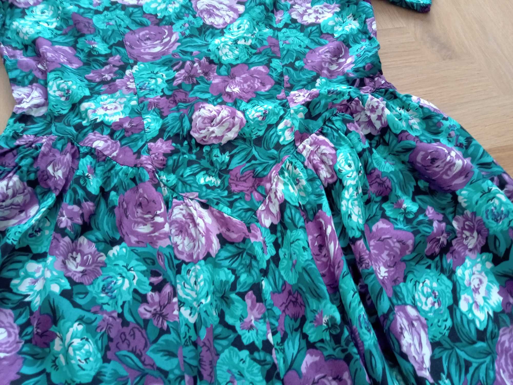 E.D. Michaels Petites sukienka szmaragdowa fiolet róże vintage rayon