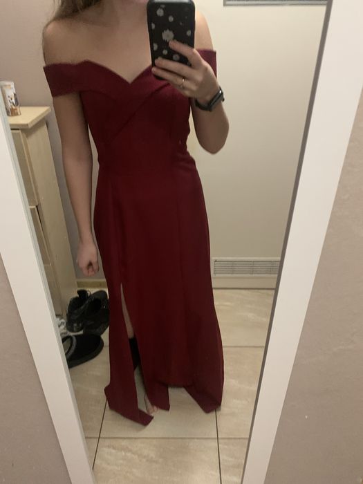 Bordowa sukienka maxi S M wieczorowa na wesele