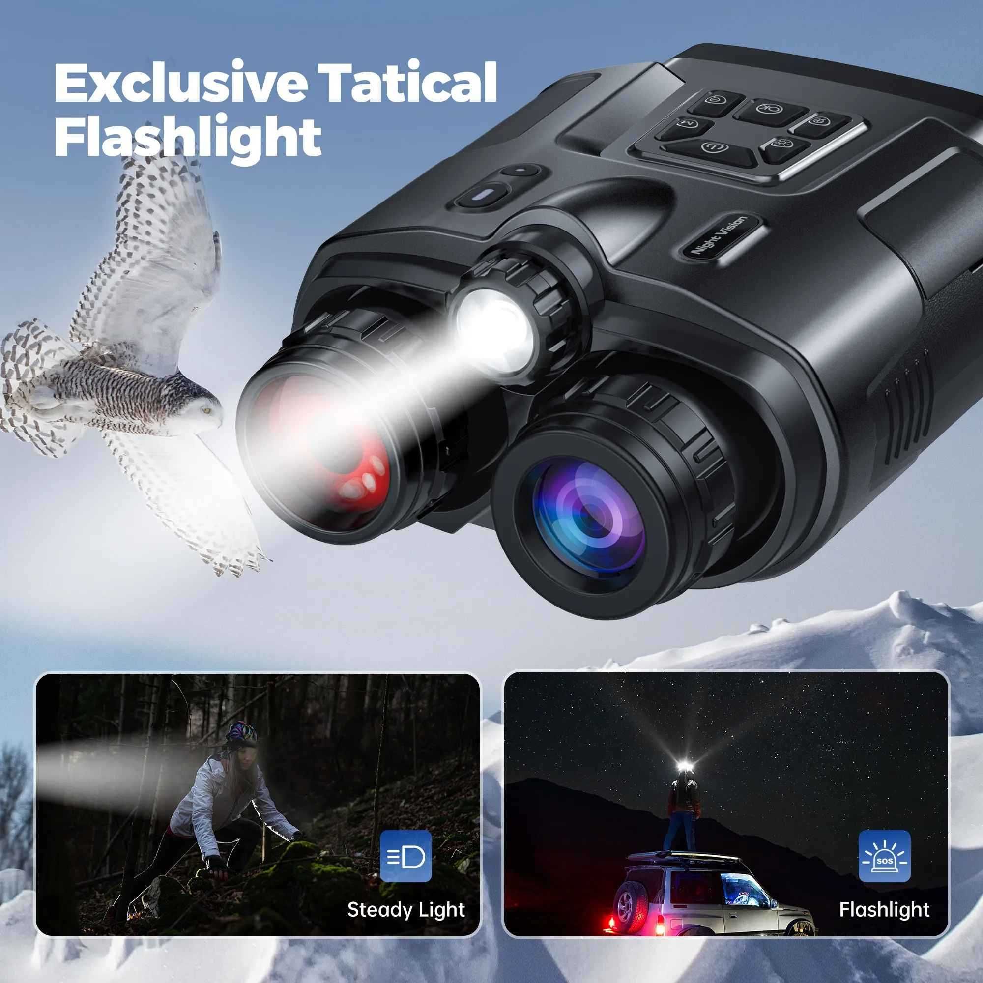 Binóculos de visão noturna 4K com tela, zoom 8x e luz tática,