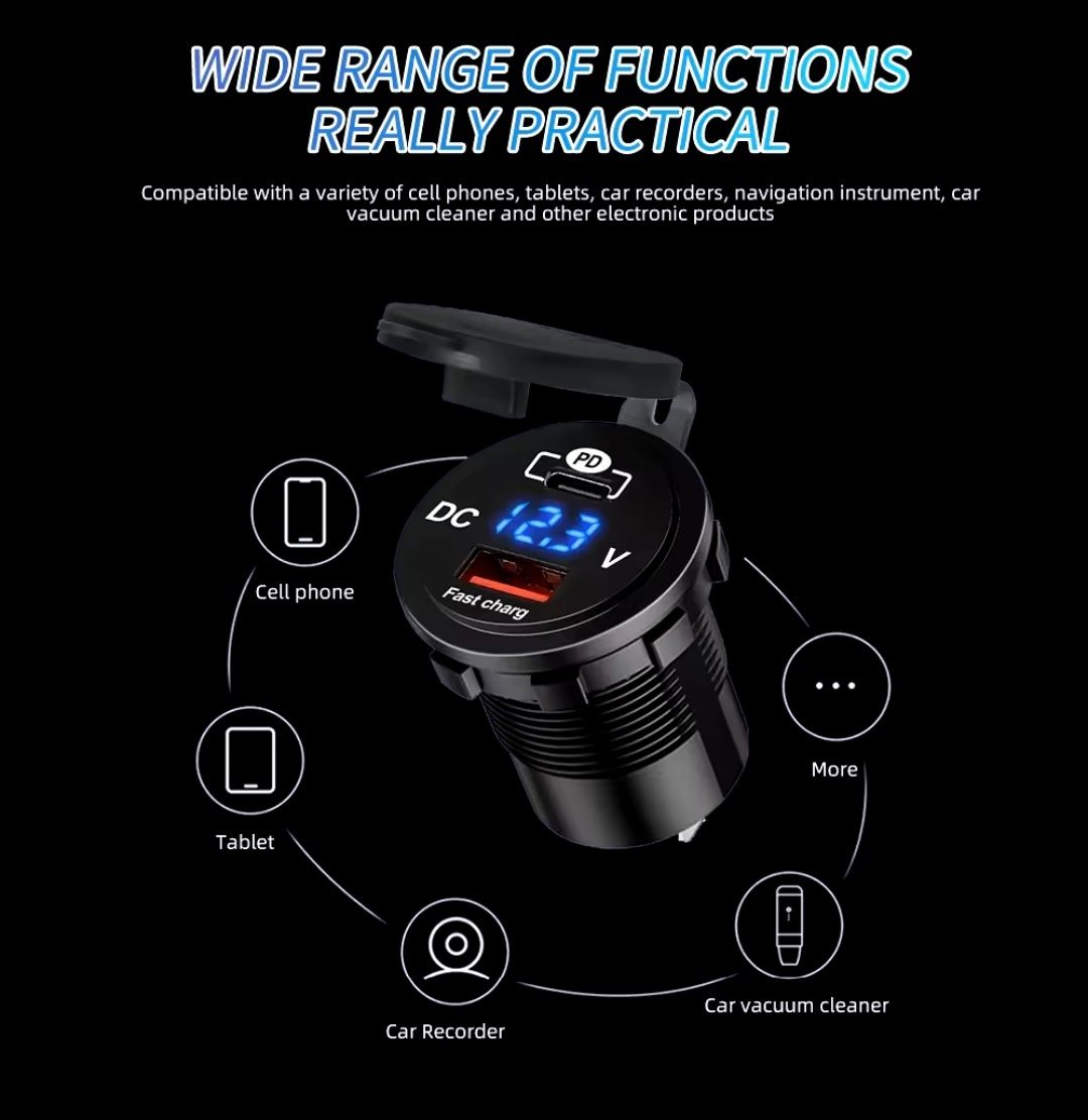 Авто зарядка12-24в quick charge USB + tipe-C3.0, магнитый держатель те