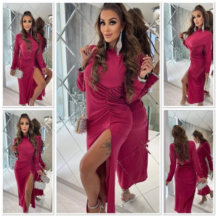 Elegancka sukienka brokatowa z rozcięciem dwa kolory logo Lola bianka