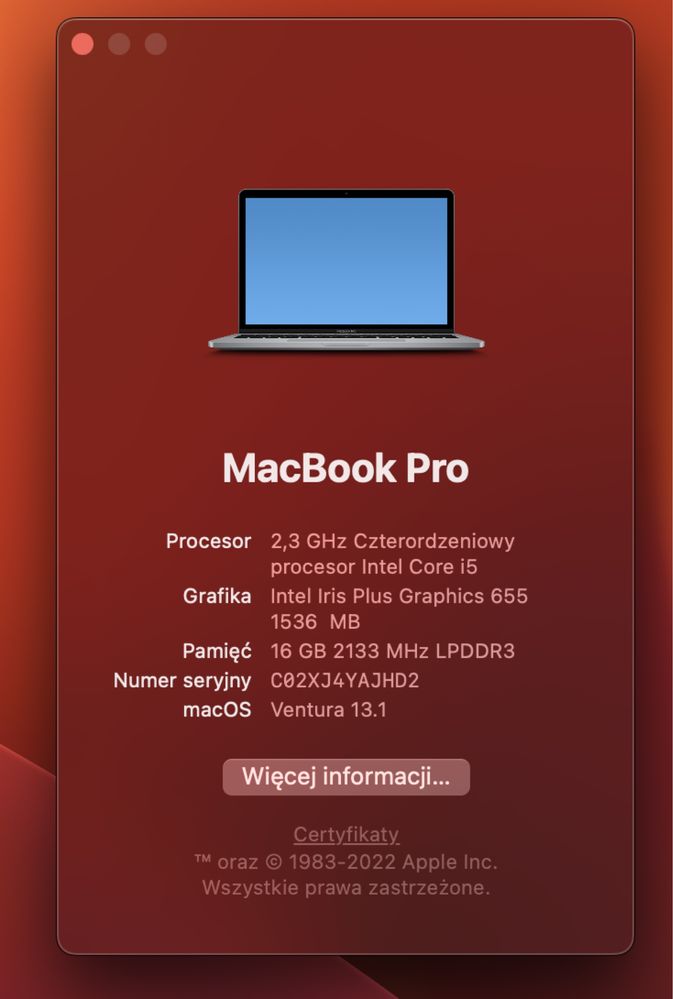 MacBook Pro 13” 2019 (i5,16GB RAM, 256 SSD)