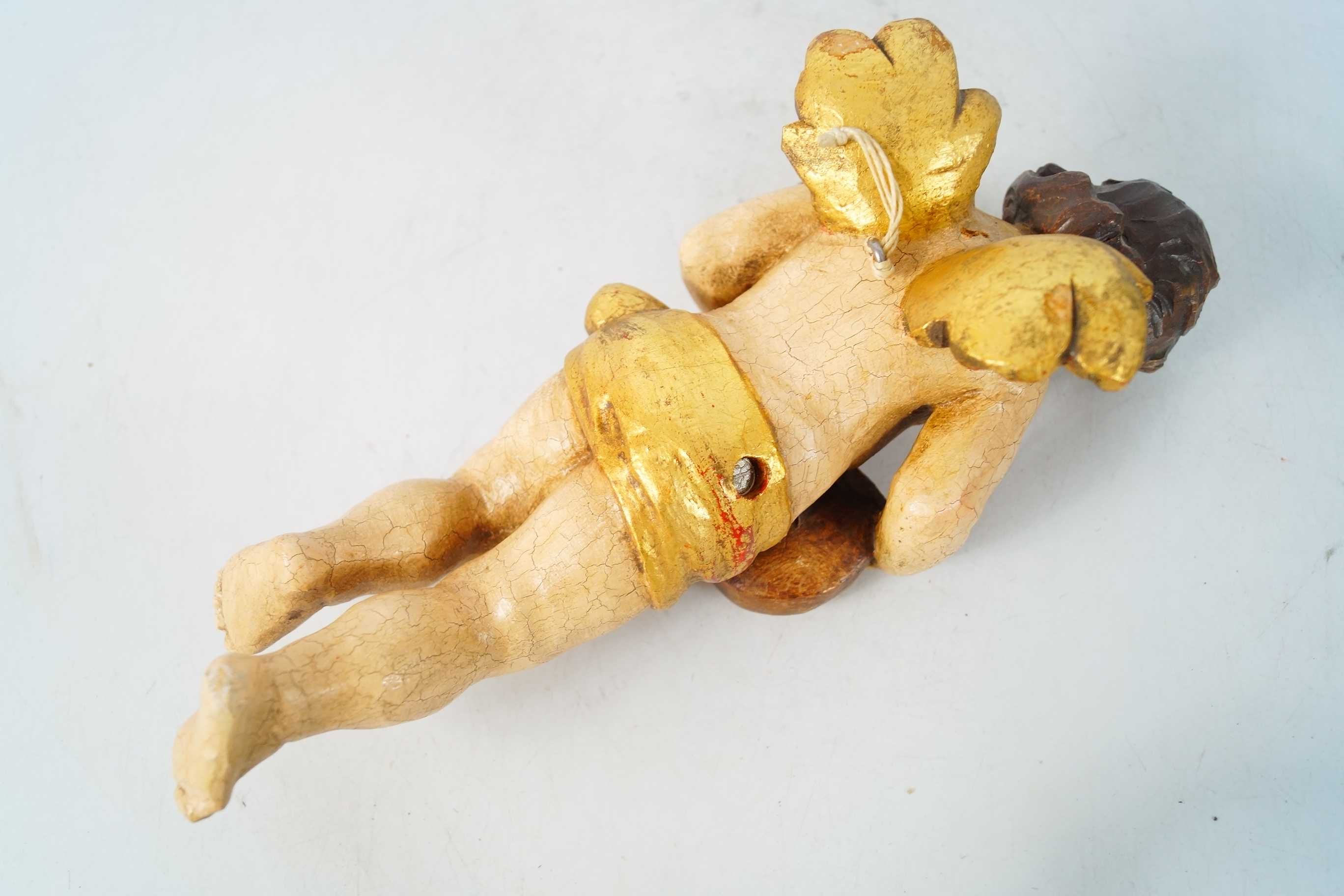 Rzeźba drewniana anioł putto grający polichromia duży