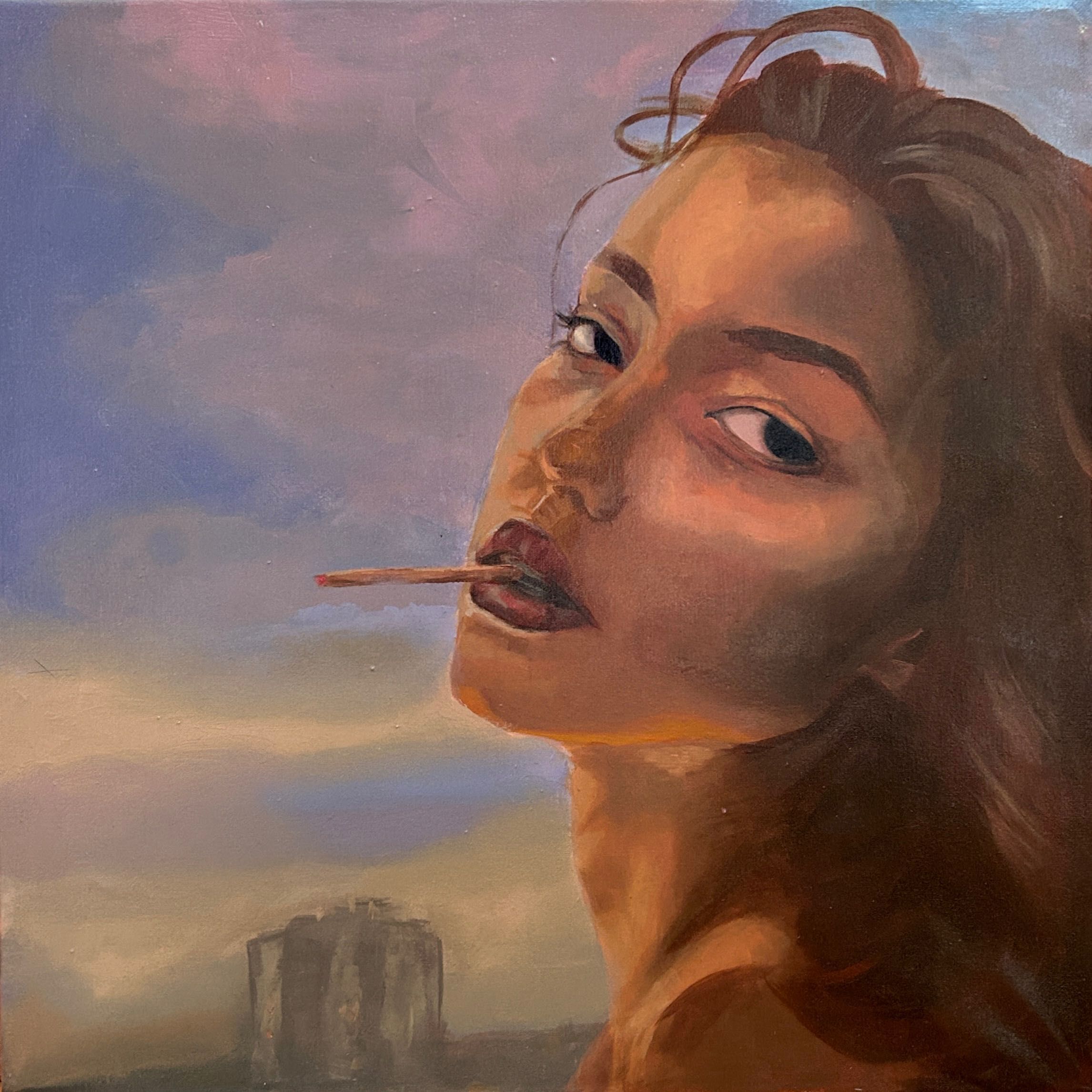 obraz - portret, kobieta z papierosem, 50x50 akryl, werniks