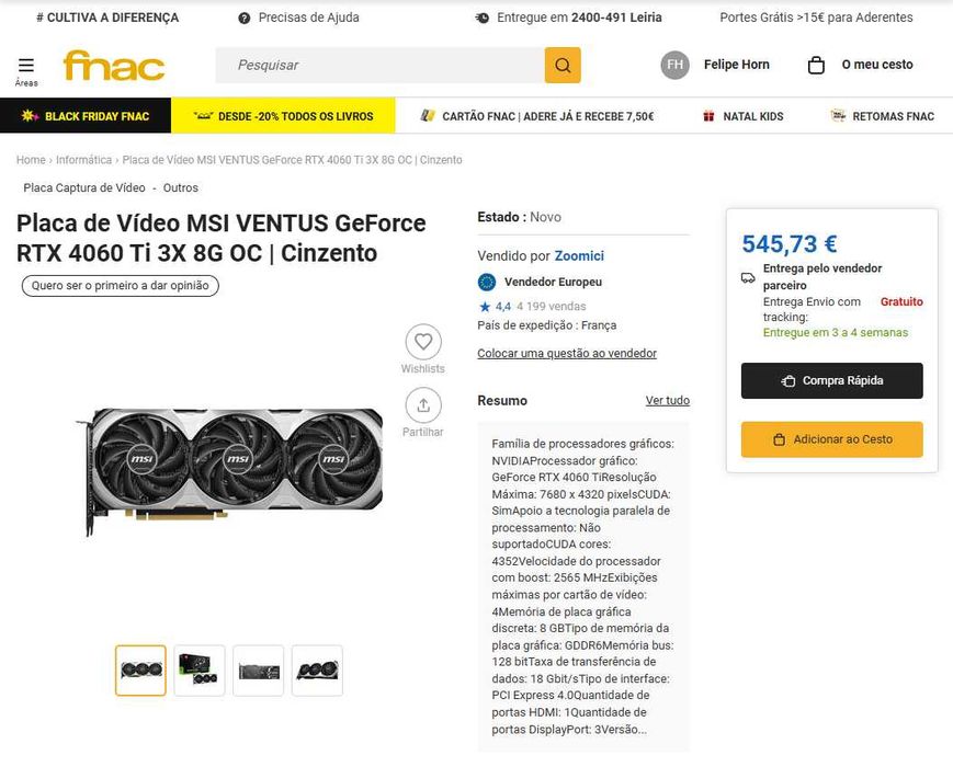 MSI RTX 4060 TI Ventus 3X 8GB OC + Fatura