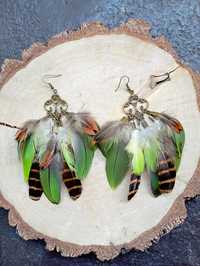 Kolczyki z piór pióra naturalne boho hippie etno indiańskie zielone