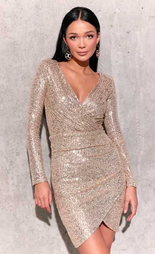 Elegancka sukienka wieczorowa cekinowa złota r. 44 Outlet