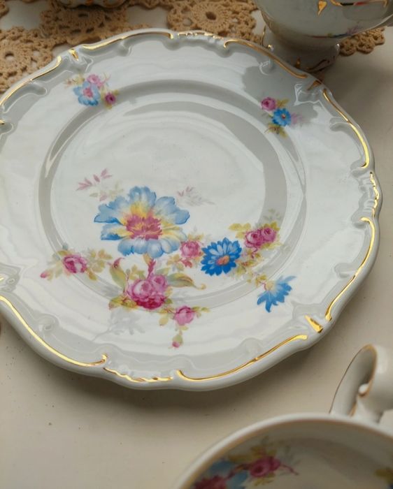 Weimar trio  , zestaw śniadaniowy  , porcelana kwiaty