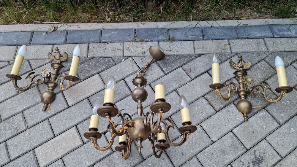 Cudny Żyrandol i 2x kinkiet mosiądz. Księstwo Warszawskie MEOS PRL