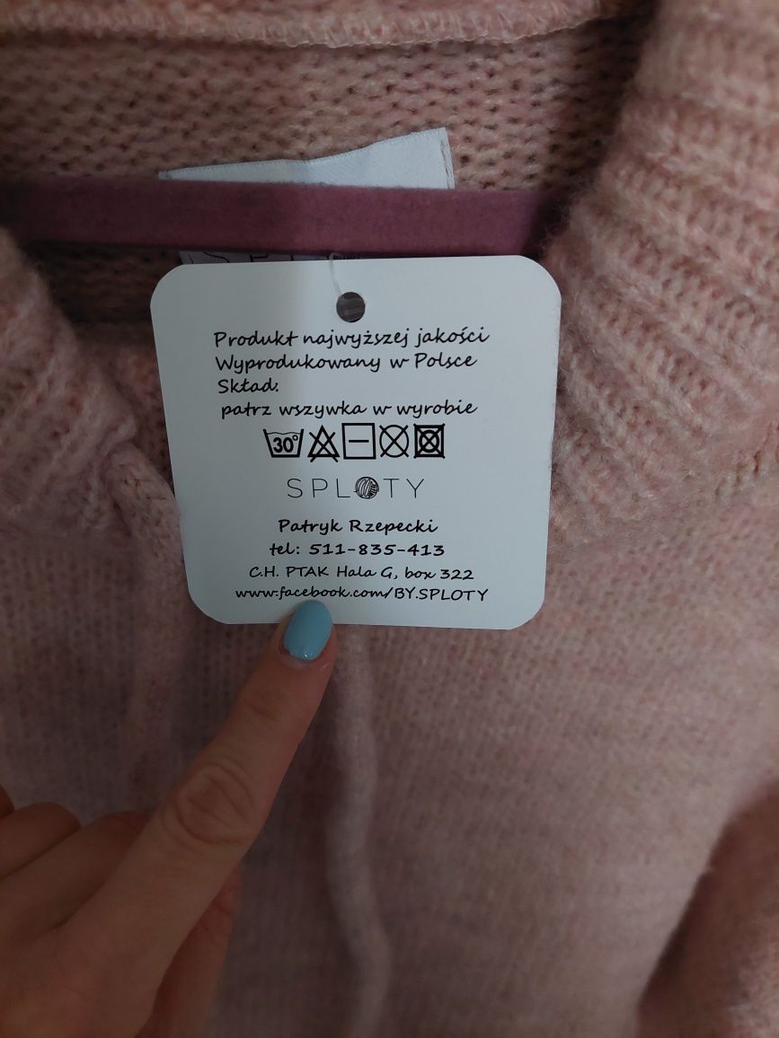 Nowy sweter bluza oversize z kapturem pudrowy róż wełna