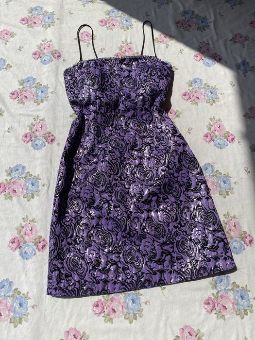 Fioletowa krótka sukienka w różyczki na ramiączka XS 34 S 36 impreza