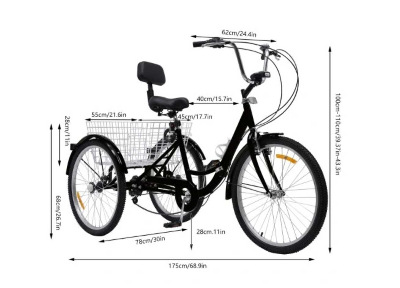 Stabilny trójkołowy rower 24" dla dorosłych – składany, czarny