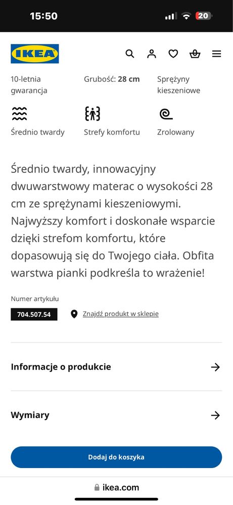 Materac spreżymowy Ikea 200x160cm