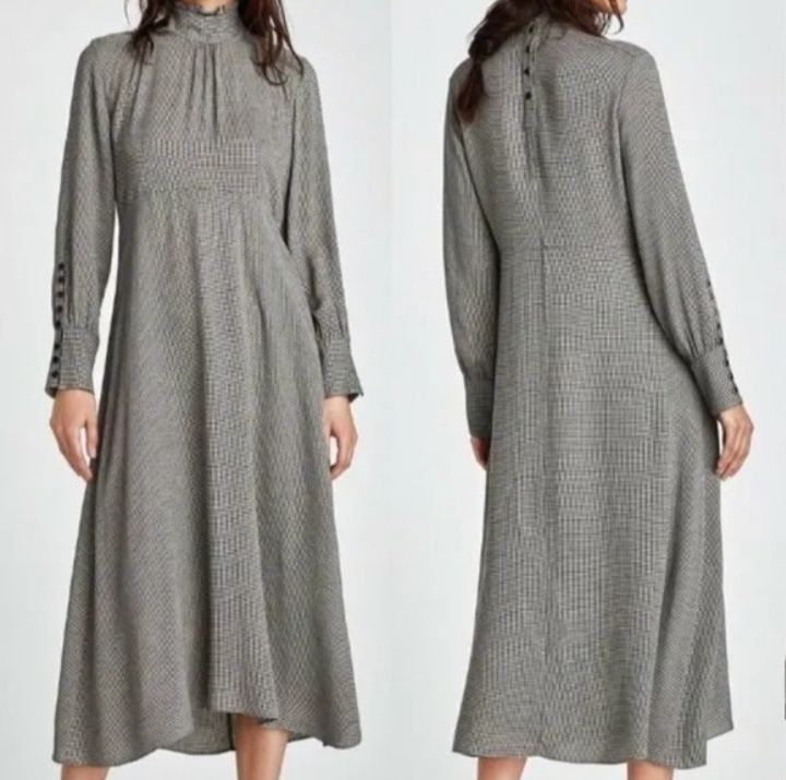 ZARA XS Stylowa długa sukienka w pepitkę dla szczupłej pani do biura