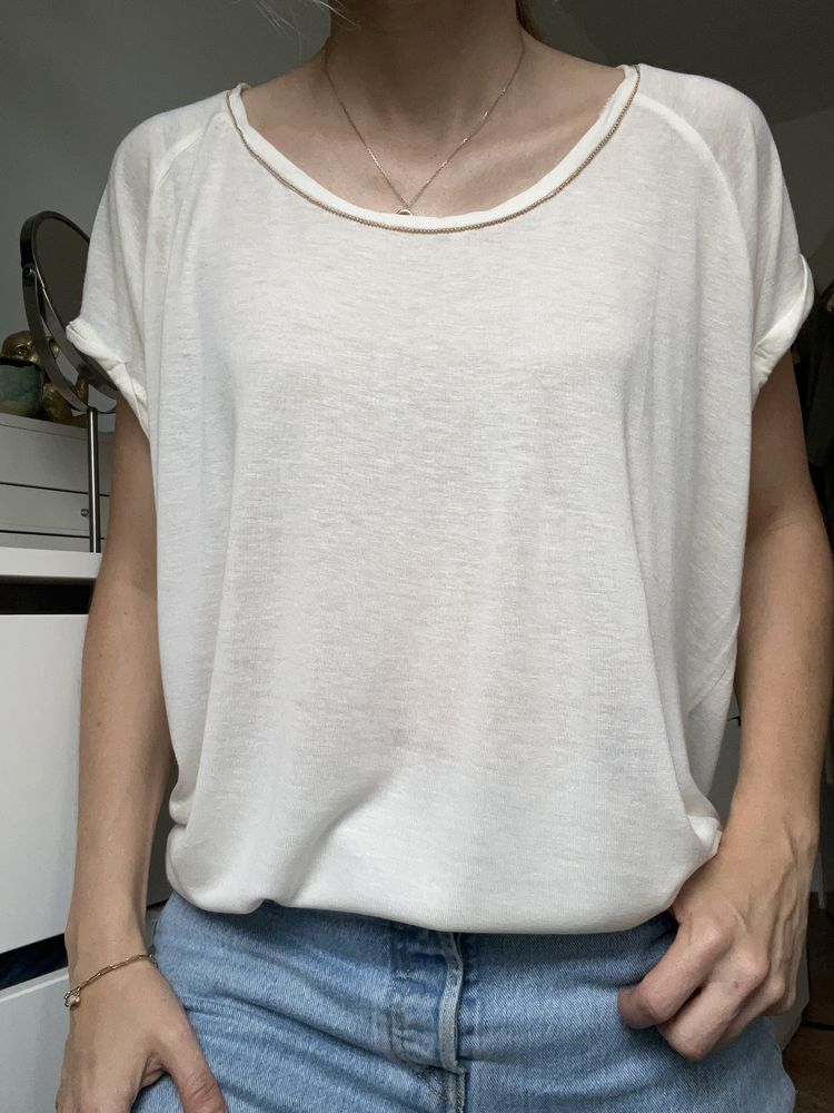 Lniana bluzka t-shirt Up2 fashion L kremowa