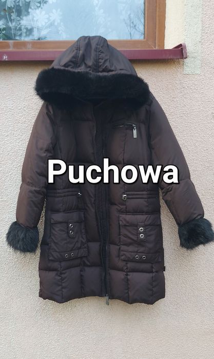 ciepła kurtka zimowa puchowa xl 42 z kapturem futerko brąz zima brązow