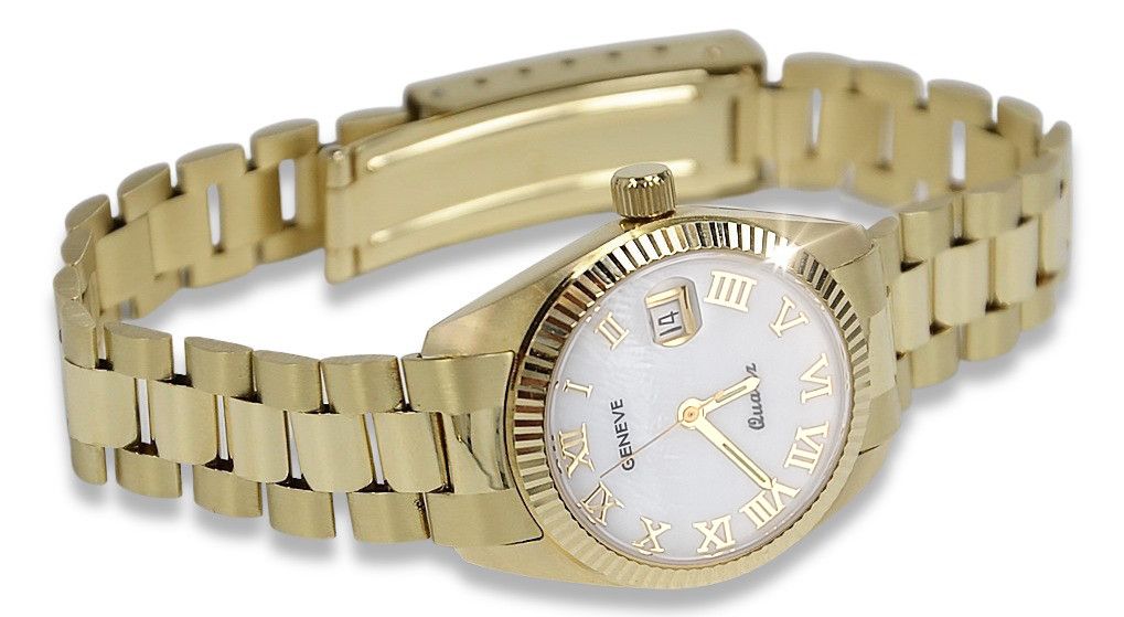 Złoty zegarek damski 14k Geneve z perłową tarczą lw020ydpr&lbw009y K