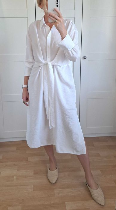 Biała Sukienka Koszulowa H&M Wiązanie z przodu S/M wiskoza