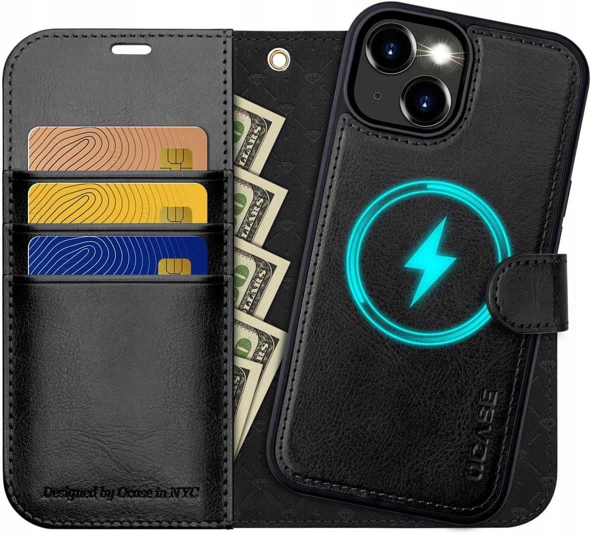 Ocase etui skórzane magsafe iPhone 15 z klapką portfel czarne  2w1