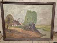 Bardzo duży stary obraz 111x149cm PRL rama drewno