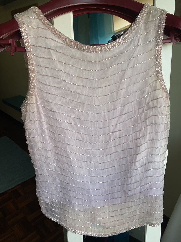 Top  Zara rosa com perolas e missangas