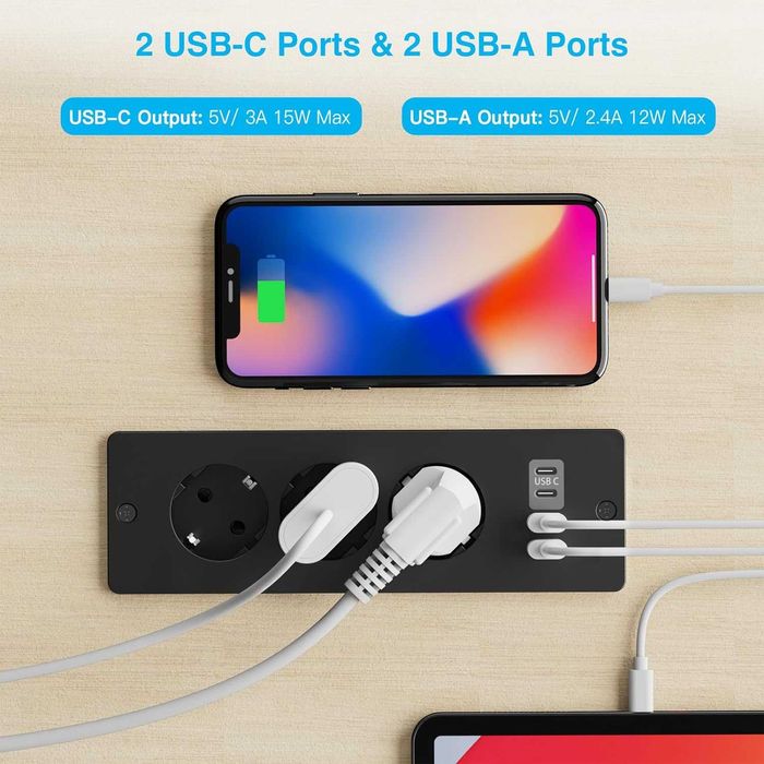 Listwa zasilająca z 3 gniazdami do zabudowy w blat. 2 port USB 2 Typ C