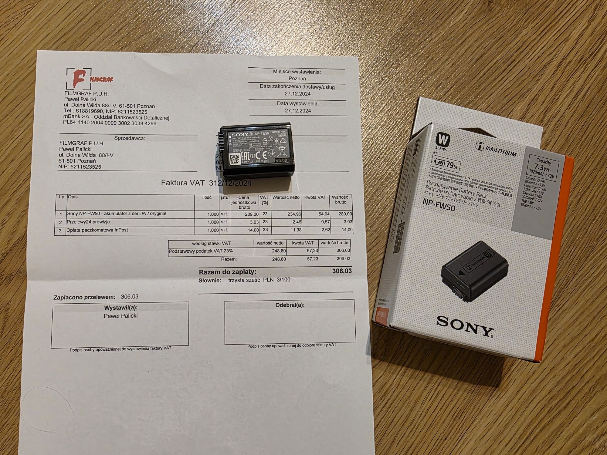 Oryginalny akumulator Sony NP-FW50 z serii W