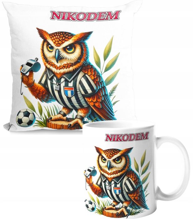 zestaw kubek 330ml + poduszka piłka nożna sowa sędzia piłkarski + imię