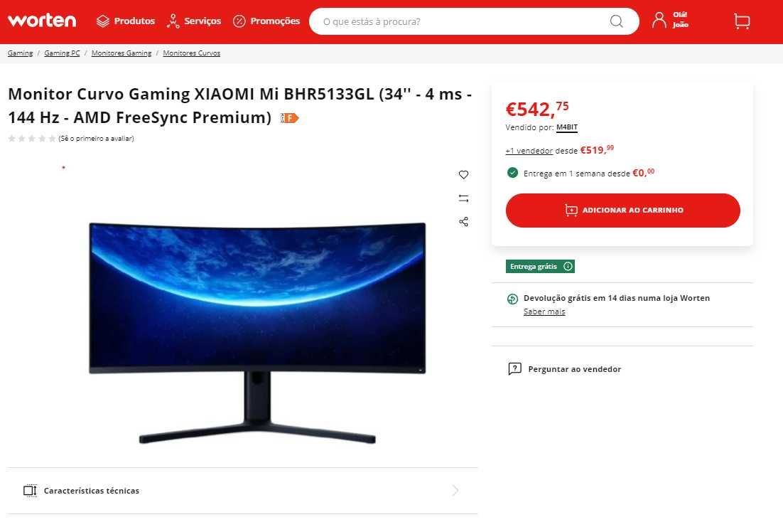 Monitor Curvo Gaming XIAOMI Mi BHR5133GL (34'' - 4 ms - 144 Hz)