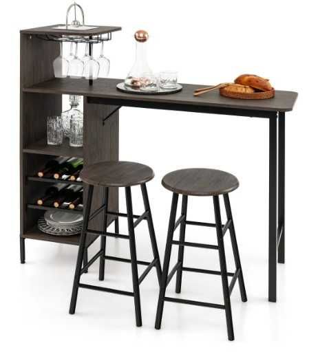 Stół barowy + 2 stołki, uchwyt na kieliszki i stojak na wino RYSY