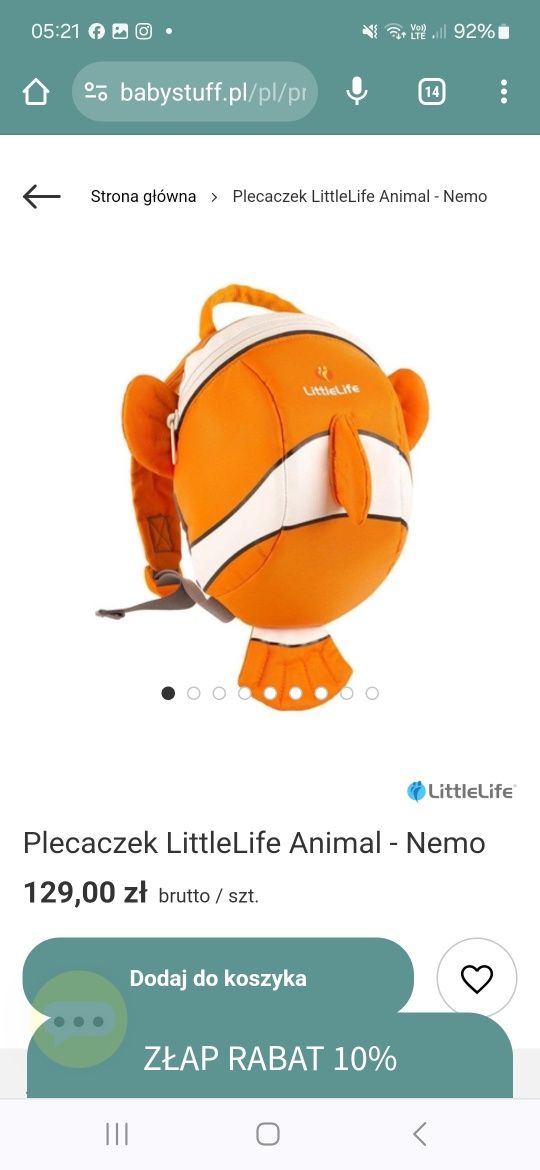 Plecak Little Life Nemo ze smyczą. Super stan!