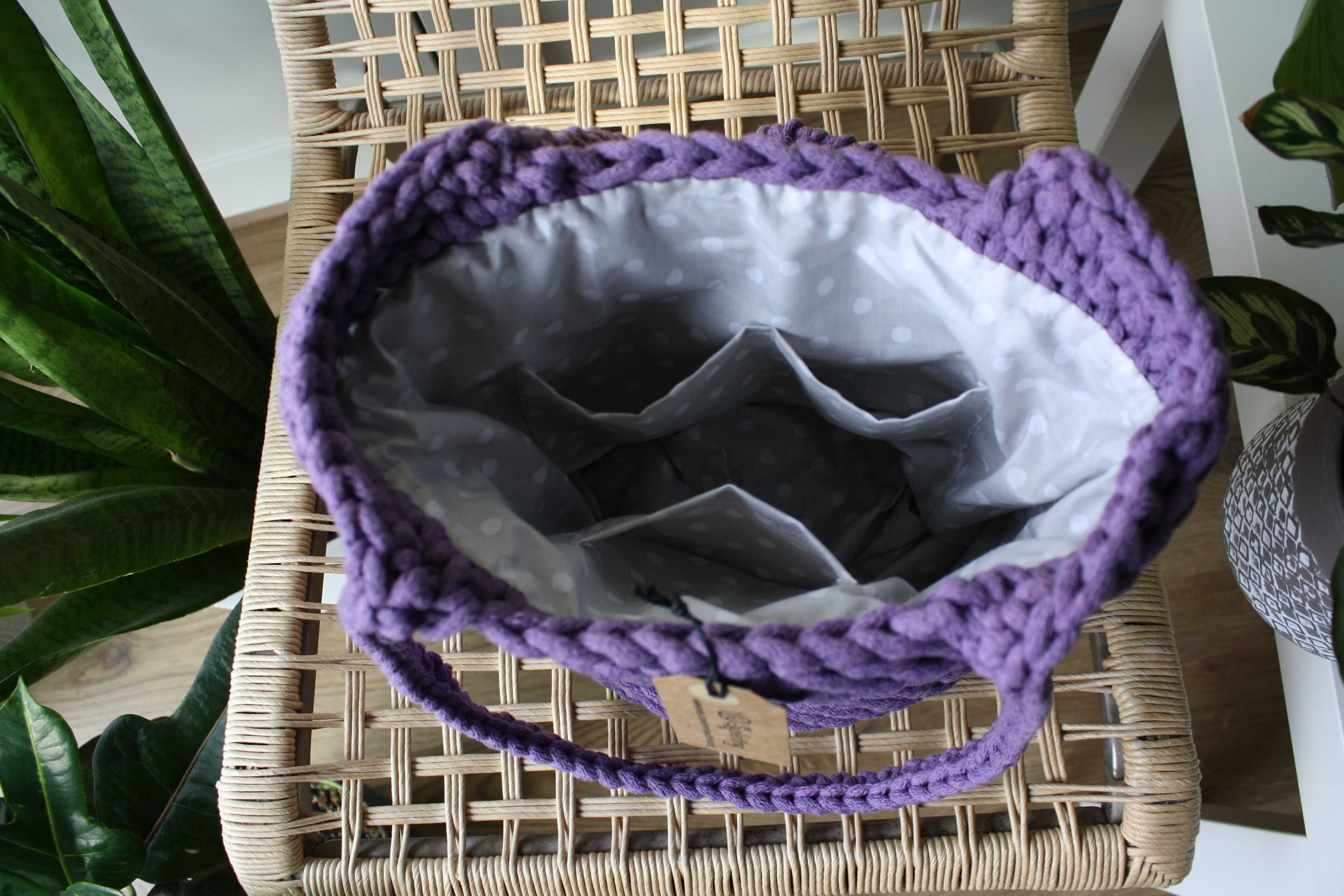 Fioletowa torba szydełkowa typu shopper z podszewką, bawełna