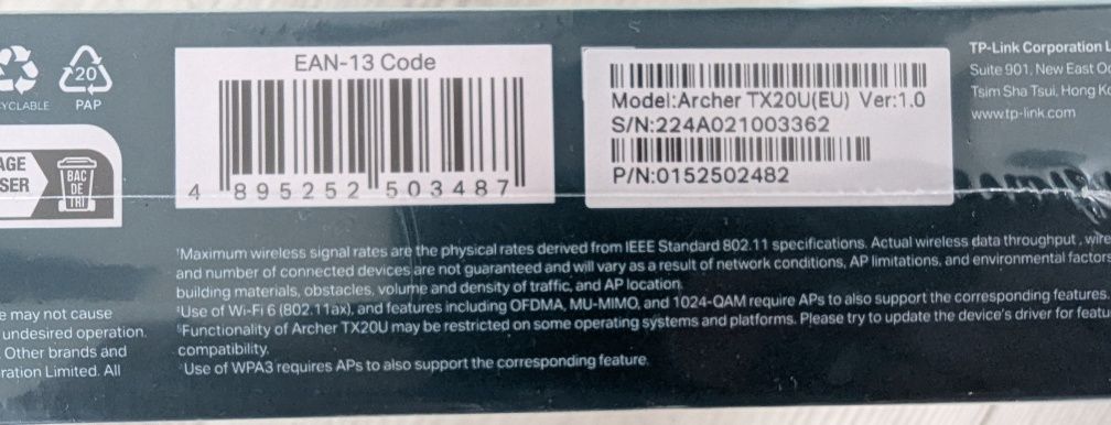 Karta sieciowa TP-LINK TX20U WIFI6 USB AX1800 WPA3 nowa zafoliowana