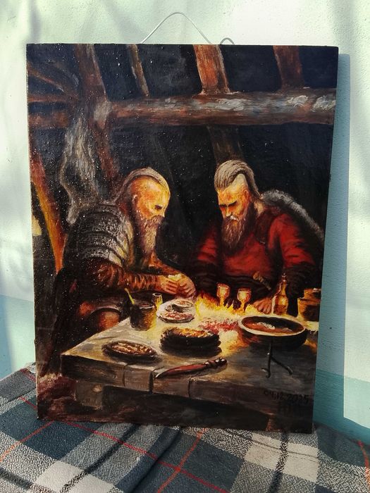 Авторская картина "Викинги у огня". Доска 30х38,5. Акрил.